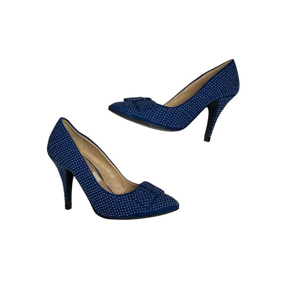 Yoki Heels Mayra Blue Silver Beading All Over Flat Bow Size 7 - Picture 1 of 12